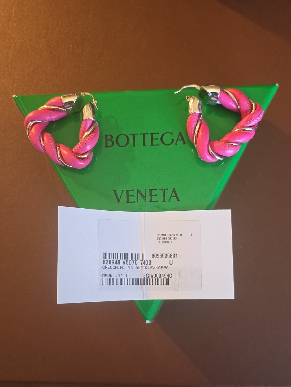 Bottega Veneta Hot Pink Twisted Hoop Earrings with Sterling Silver Accents